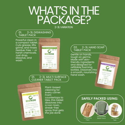 THE ECO ESSENTIAL SET - Dishwashing Tablet, Hand Soap Tablet and Multi Surface Tablet in one discounted bundle!